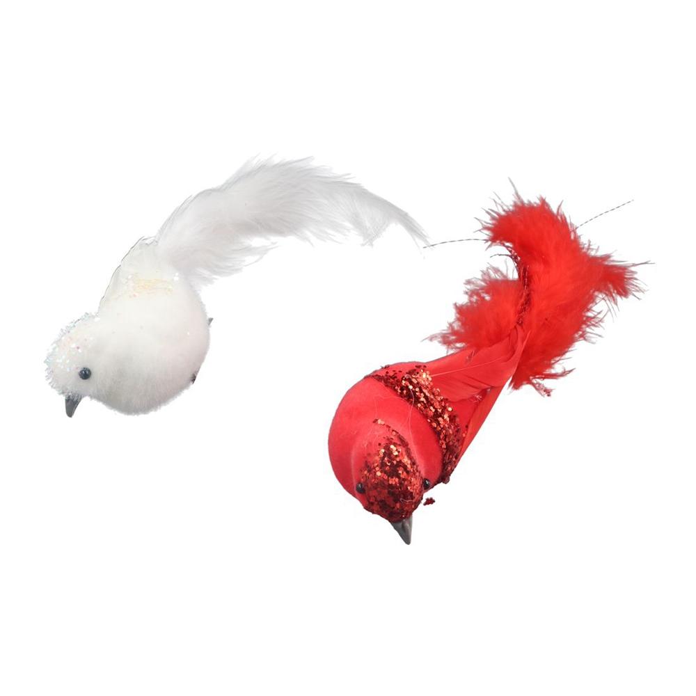 2Pcs Clip-On Artificial Red Birds with Glitter Feather Simulation Feather Birds Home