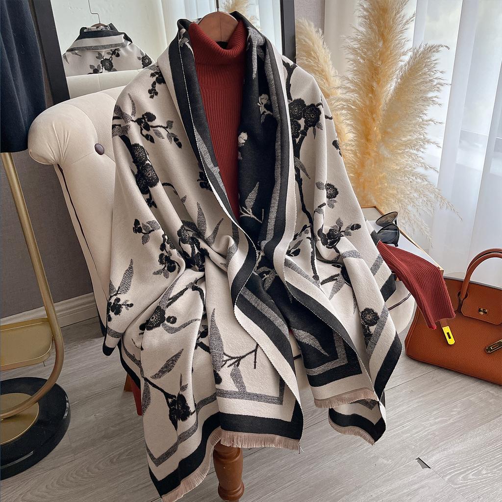 Fashionable And Elegant Scarf Women'S Winter High-End Flower Imitation Cashmere Double-Sided Thickened Long Scarf Large Shawl