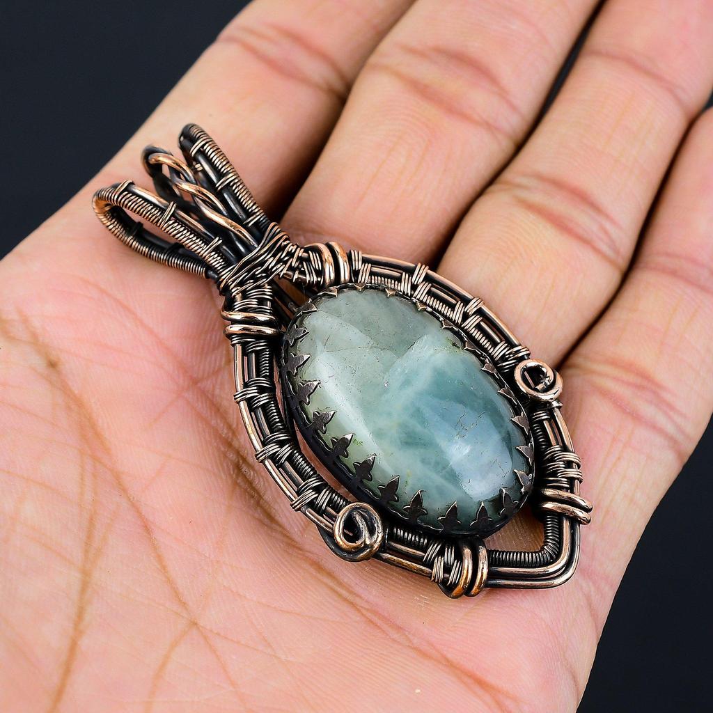 Aquamarine Gemstone Pure Copper Wire Wrapped Handmade Unique Pendant Jewelry