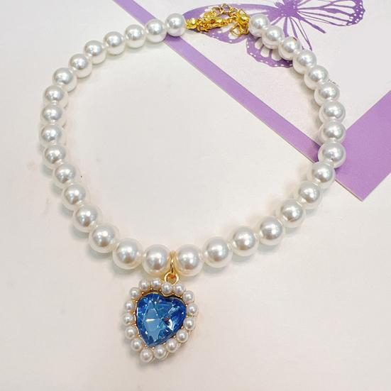Pet Necklace Love Heart Fake Crystal Shiny Faux Pearls Adjustable Elegant Universal Cat Small Dog Puppy Collar Jewelry Pet Supplies
