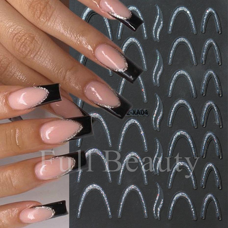 Nail Art Sticker French Smile Line Silver Glitter Diy Corrugated Line Adhesive Nail Sticker