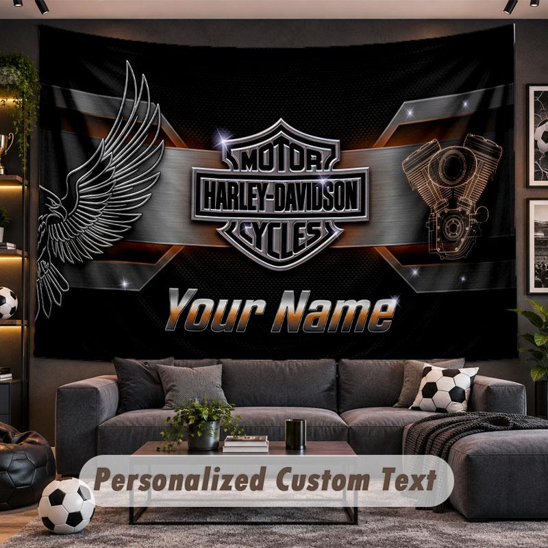 Wall Hanging Tapestry Custom NameHarley-Davidson Pattern Personalized Printed Fabric Wall Decor