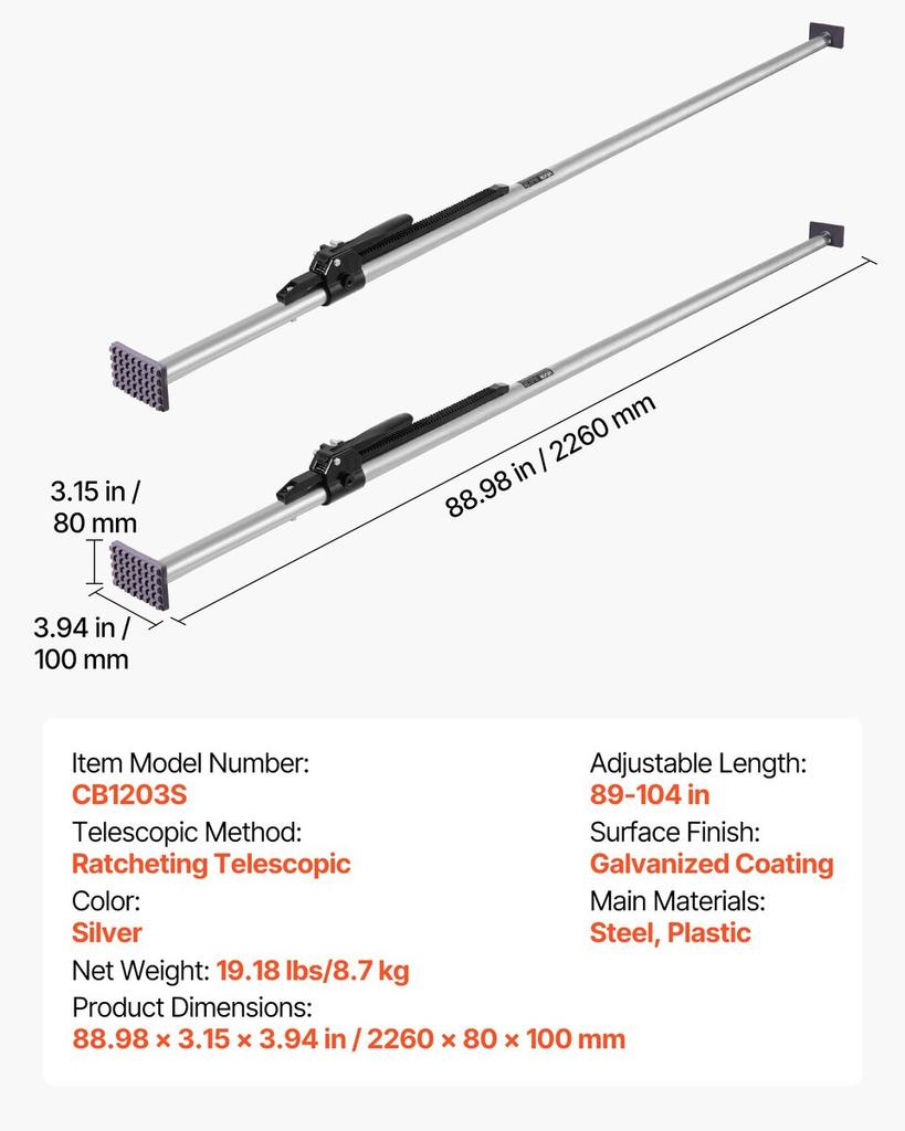 Cargo Bar, Ratcheting Cargo Bar Adjustable from 2261mm to 2642mm, Heavy-duty Steel Cargos Stabilizer with Non-Slip Foot Pad, Truck Bed Load Lock Bars