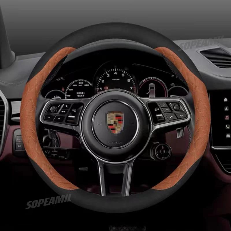 DFRG8 Car Logo Steering Wheel Cover For Porsche Cayenne Panamera Macan Taycan 718 911 997 987 Boxste Automotive Interior Accessories