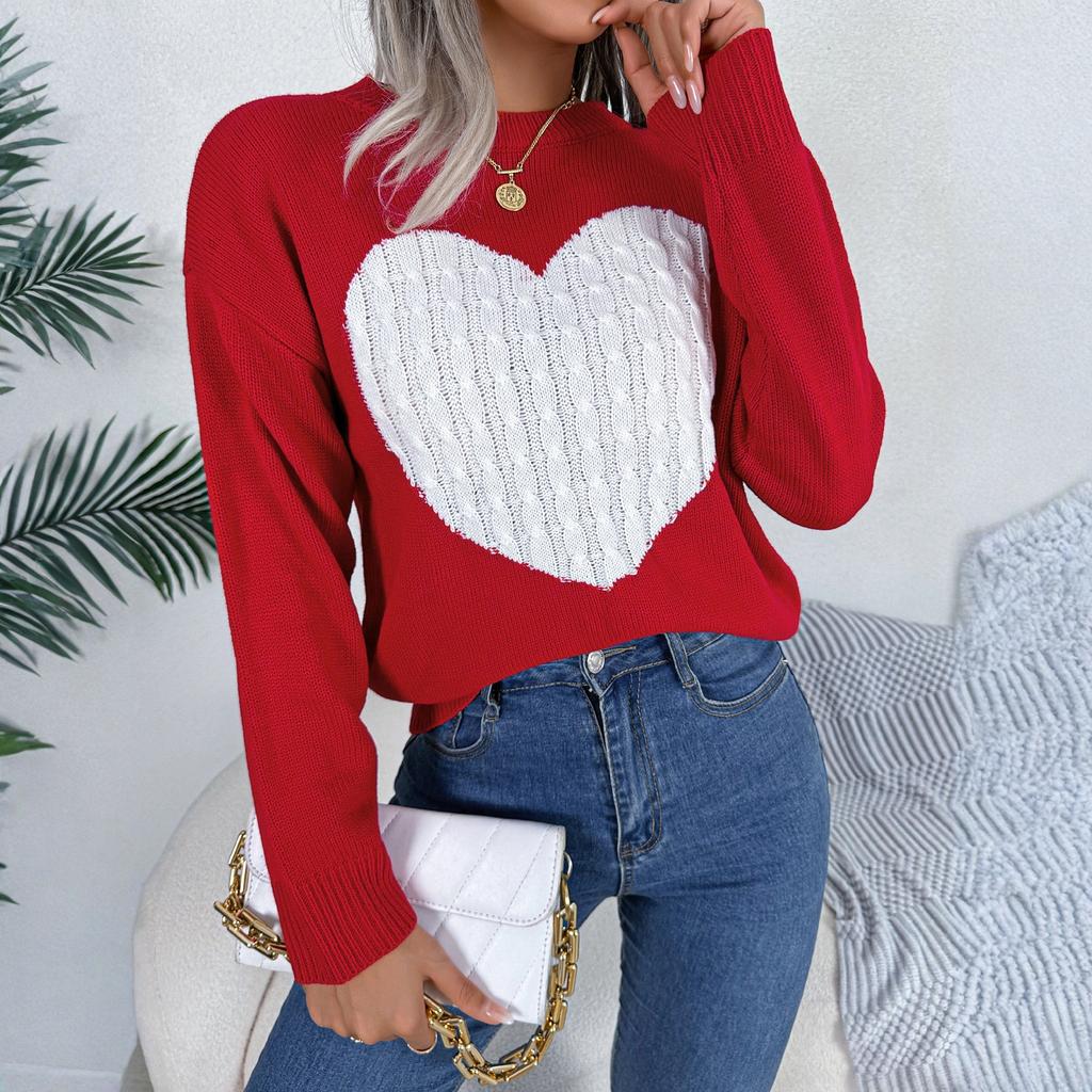 Women's Fashionable Round Neck Long Sleeved Heart-shaped Color Blocked Pullover Sweater Casual Top
