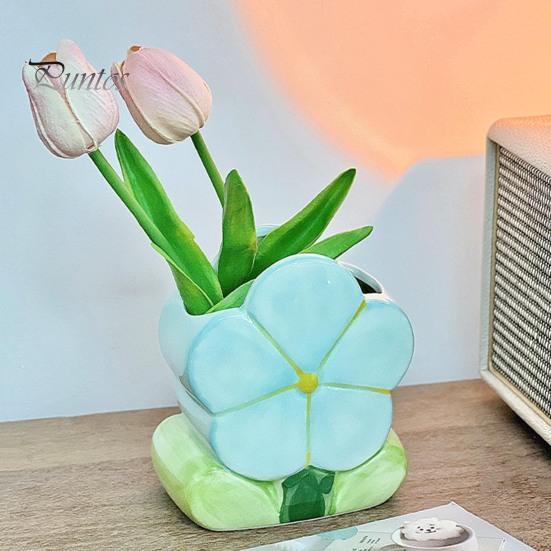 Ceramic Flower Pen Holder Handmade Tulip Cosmetic Storage Box Makeup Brush Organizer Flower Pencil Holder for Home Office Desk