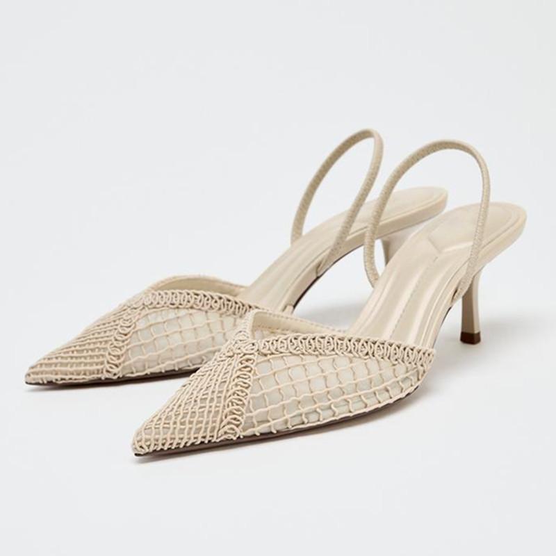Модный сетчатый плетеный дизайн Тонкие высокие каблуки Женские Сексуальные с острым носком Дышащие Босоножки на каблуке с ремешком сзади Элегантные Бежевые Туфли для вечеринки