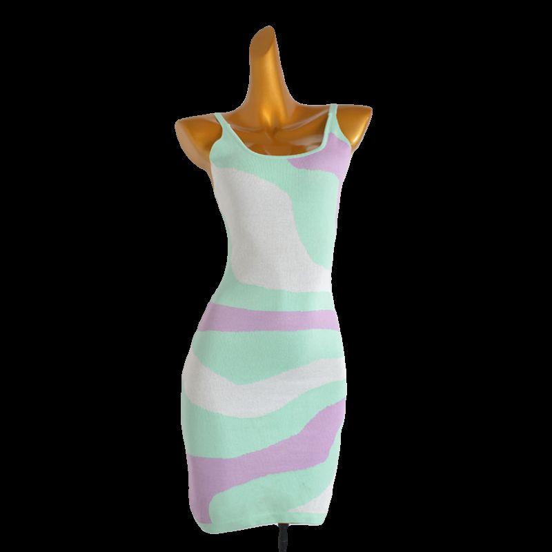 Fashion Style Contrast Color Sexy Low Collar Chest-Flattering Camisole Knitting Dress Women's Waist-Tight Slim Looking Bodycon Dress