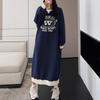 Autumn Winter Fashion Print Letter Fleece Long Dresses Women Round Neck Loose Casual Versatile Warm Simple Long Sleeve Dress