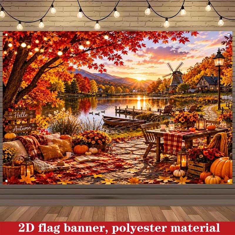 Autumn Lakeside Windmill Background Banner for Outdoor Garden Party Photography Decorations