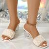 Liyke Summer Slippers Women White Pearl Decoration Transparent Strange Thick Heels Gladiator Sandal Female Slides Shoes Size 42