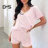 2 шт./комплект женский футболка шорты комплект костюм V-образный вырез короткий рукав однотонный свободный топ высокая талия мини шорты спортивный наряд повседневный спортивный костюм
