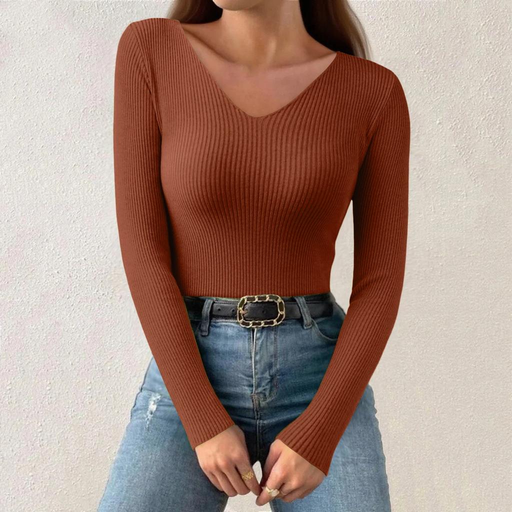 Women's Fashion V-Neck Slim Sweater Long Sleeve Pullover Solid Colour Top