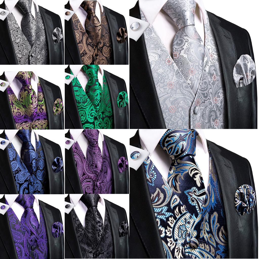 Mens Waistcoat Vest Black Blue Red Paisley Dress Neck Tie Hankie Set Suit Tuxedo