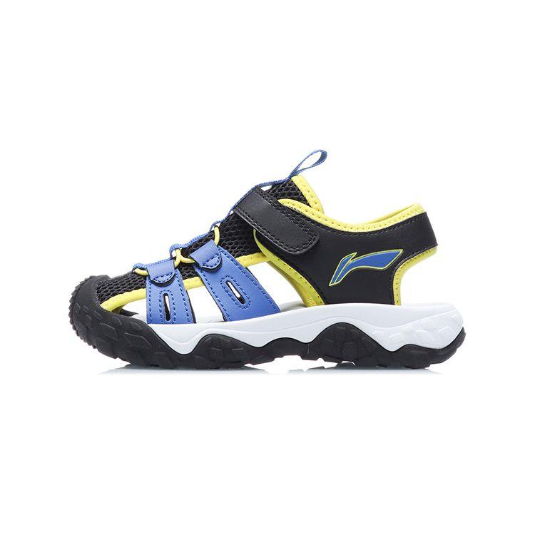 Сандалии Li Ning Kids Sports Lifestyle Series с закрытым носком на липучке и дышащими отверстиями на плоской подошве, детские сандалии черного, синего и желтого цвета YKKR028-3
