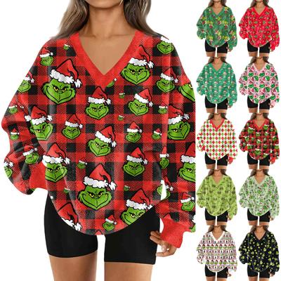 Женский модный пуловер с V-образным вырезом, рождественским принтом, длинным рукавом, повседневный, плюшевый, теплый, с карманом, толстовка, топ