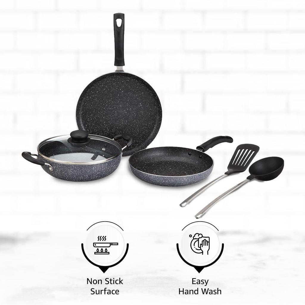 6 Piece Non-Stick Cookware Set | Induction Base | PFOA Free | HTR Exterior Coating | 25cm Tawa, 22 Cm Kadai, 22cm Fry Pan, 1 Glass Lid & 2 Spatulas