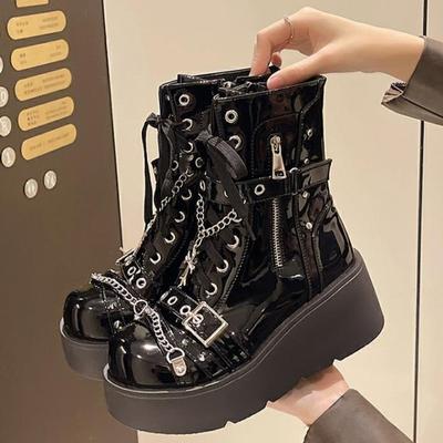 Модные 6,5 см новые сапоги для женщин модные горячие продажи панк готические каблуки на платформе танкетке осенние женские сапоги повседневная готическая панк женская обувь