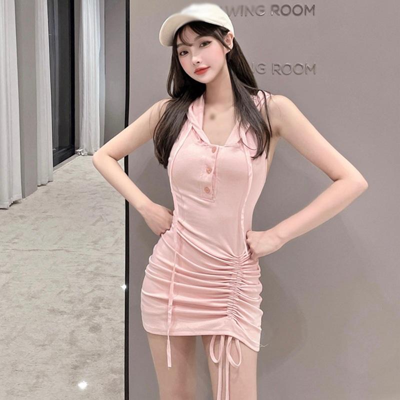 Женские однотонные облегающие спортивные платья без рукавов с капюшоном для отдыха