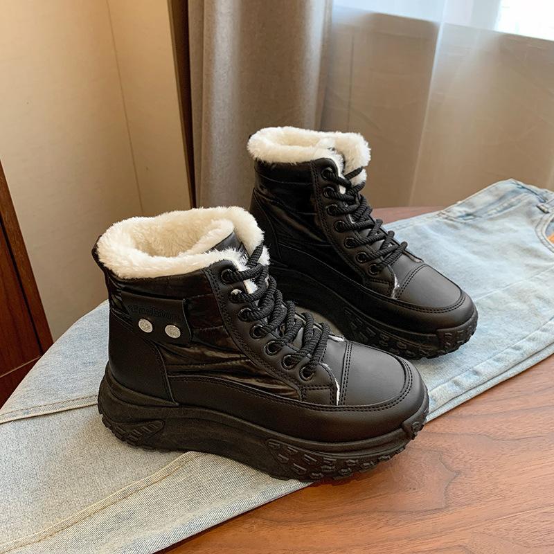 Женские зимние ботинки на толстой платформе, зимние нескользящие полусапожки, прогулочные ботинки на шнуровке с подкладкой из искусственного меха, женские теплые высокие кроссовки с флисовой подкладкой