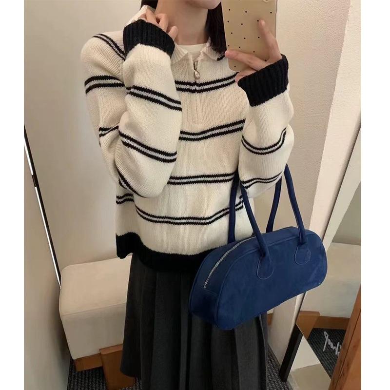 College Style Striped Contrasting Color Pullover Sweater Women's Autumn and Winter New Half-zipper Polo Lapel Knitted Sweater
