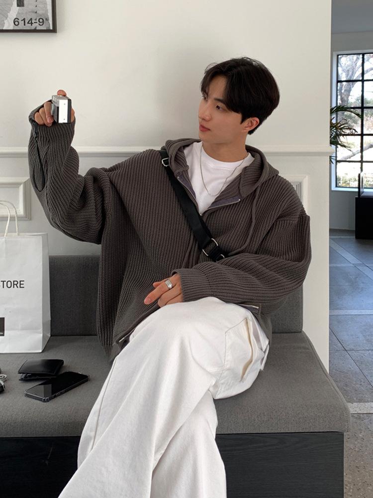 Мужской модный универсальный кардиган-свитер с капюшоном на осень/зиму однотонный