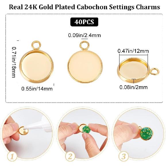 Beebeecraft 1 Box 40Pcs Flat Round Charm 24K Gold Plated Brass 12mm Blank Bezel Tray Charms Cabochon Settings with Loop for Jewelry Making