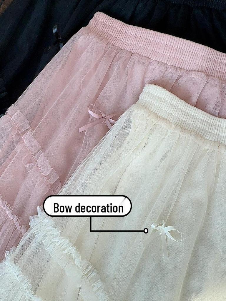 Сладкая сетчатая юбка А-силуэта с бантом для женщин 2024 - Коллекция Весна/Лето