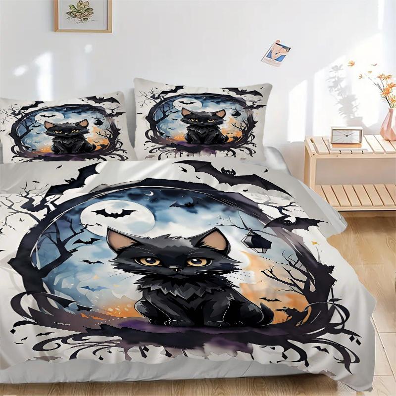 3pcs Noble Black Cat Art Quilt Set - Soft and Comfortable Bedroom, Guest Room and Dorm Decor Bedding Set 1 Quilt Cover + 2 Pillowcases.L074