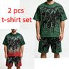 Summer Fashion Gothic Style Vintage Death Knight Printed Round Neck Short Sleeved T-Shirt And Shorts Set Men's and Women's T-shirt Shorts Set