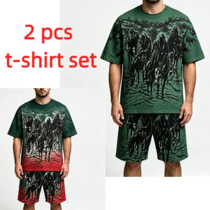 Summer Fashion Gothic Style Vintage Death Knight Printed Round Neck Short Sleeved T-Shirt And Shorts Set Men's and Women's T-shirt Shorts Set