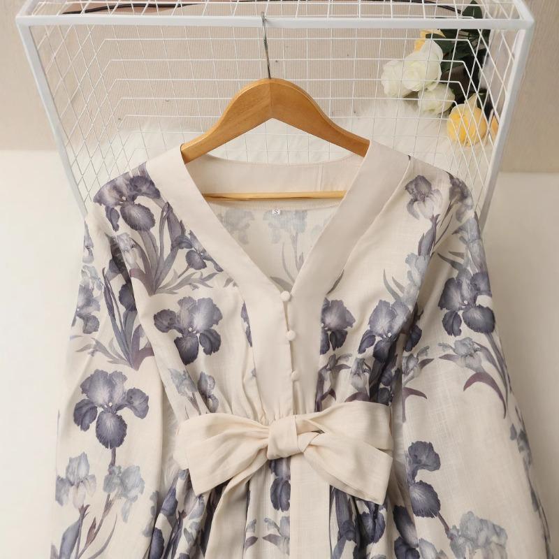 Женское модное винтажное элегантное темпераментное платье с V-образным вырезом и рукавами-фонариками из хлопка и льна с принтом и шнуровкой