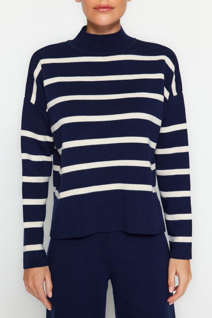 Женский модный новый комплект из верха и низа с темно-синими брюками, трикотаж в полоску, комплект из верха и низа