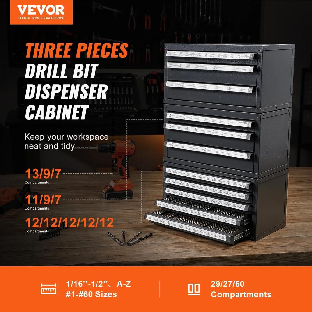 VEVOR Drill Bit Dispenser Cabinet, 3 Pieces Three-Drawer for Letter Sizes A to Z, Five-Drawer Drill Bit Organizer for Wire Gauge Sizes #1 to #60