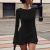 European and American Spring Solid Color Round Neck Long Sleeved Fashionable Temperament Pleated Hem Twisted Dress for Women