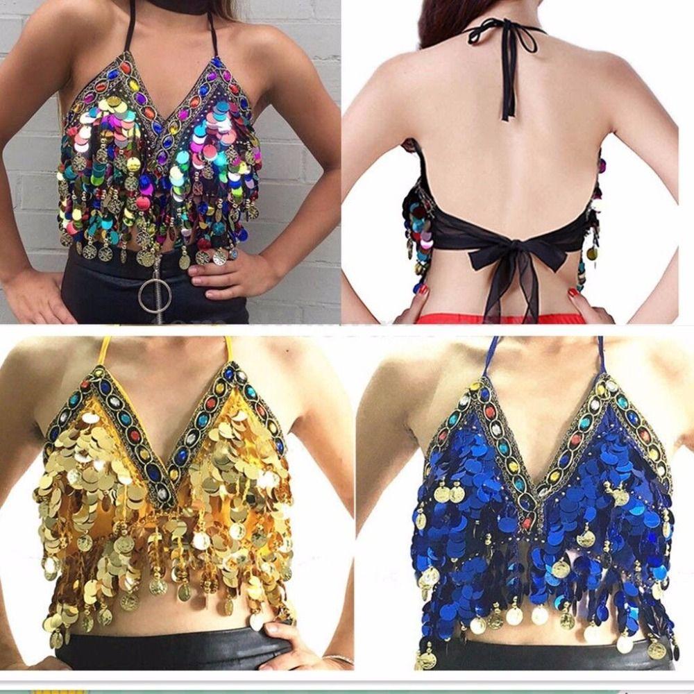 Женские костюмы для шоу в ночном клубе с кисточками и пайетками, топ для выступлений, бюстгальтер на шее, бюстгальтер для танца живота
