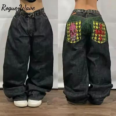 RogueWave Y2K Модные Ретро Классические Джинсы Прямого Кроя с Карманным Принтом Черепа Американская Готика Выстиранные Джинсы Широкого Кроя Свободные Штаны