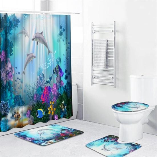 Sea Dolphin Print Waterproof Bath Shower Curtain Cushion Home Bathroom Decor AVE