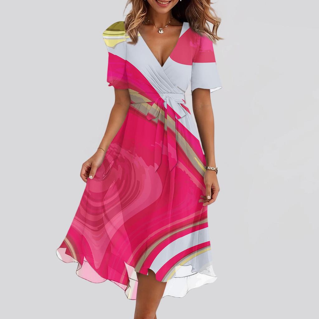 Женский летний повседневный сарафан миди с текстурным принтом, запахом, V-образным вырезом, оборками, капюшоном, короткими рукавами, поясом, А-силуэта, с оборкой по подолу