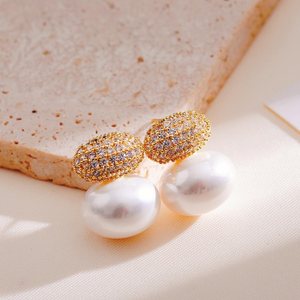 Fashion Oval Imitation Pearl Stud Earrings for Women Geometric Cubic Zirconia Elegant Bridal Earring Wedding Jewelry
