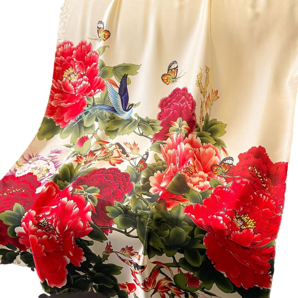 New Lijin Forging Silk Scarf Red Moonflower Printing Shawl Spring and Autumn Female Simulation Silk Scarf Versatile