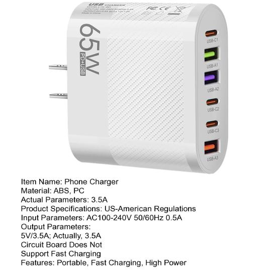 Зарядное устройство для телефона 65 Вт, 3,5 А, 3 USB, 3 Type-C, быстрая зарядка, высокая мощность, универсальная, штепсель США, адаптер для путешествий