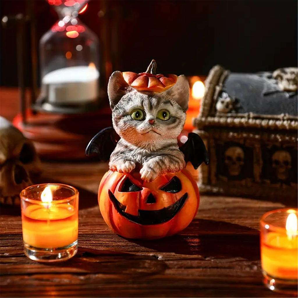 Halloween Pumpkin Decorations Resin Pumpkin Figurines with Cat Table Centerpieces for Outdoor Indoor Fairy Garden Decors