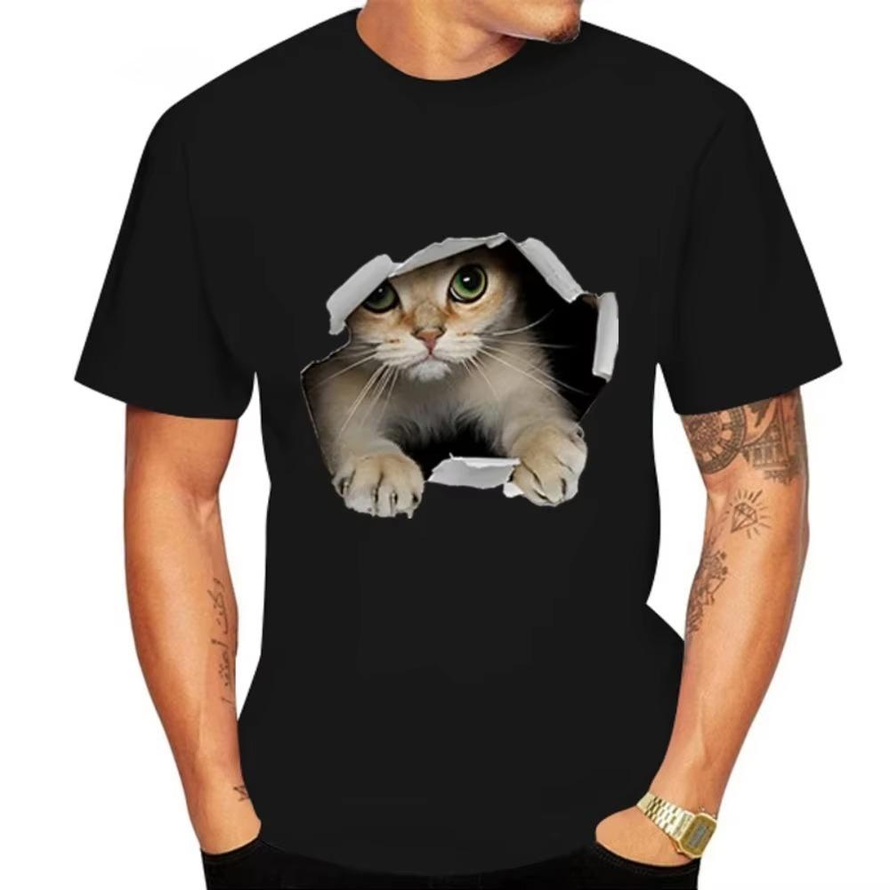 Cute Cat Print Men's Round Neck Short-sleeved T-shirt 100% Cotton Summer Casual Short-sleeved Harajuku Street Unisex Sports Top