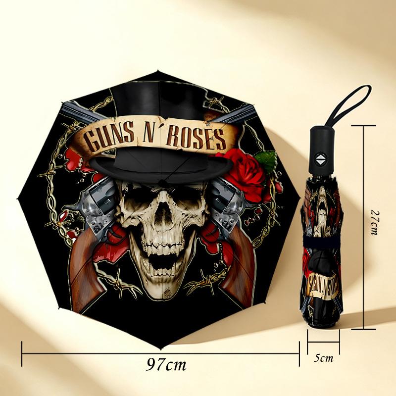 Guns N' Roses 8 ребер 3-сложный черный клей УФ-защита Зонт Защита от солнца Водонепроницаемый Компактный складной зонт для путешествий Ежедневное использование C923902