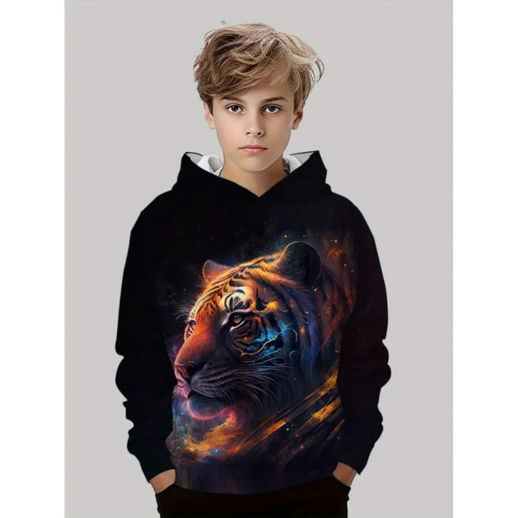 Толстовка с животным Крутой тигриный узор 3D-принт Топы Осенняя мода Свободный пуловер Толстовка с длинным рукавом Комфортная детская одежда Мальчик