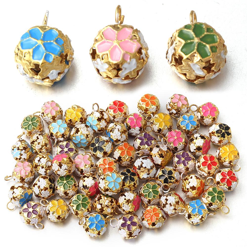 10Pcs/lot 14mm Hollow Enamel Flower Bell Charms Pendants Colorful Jingle Bell For Jewelry Making DIY Bracelet Necklace Keychain
