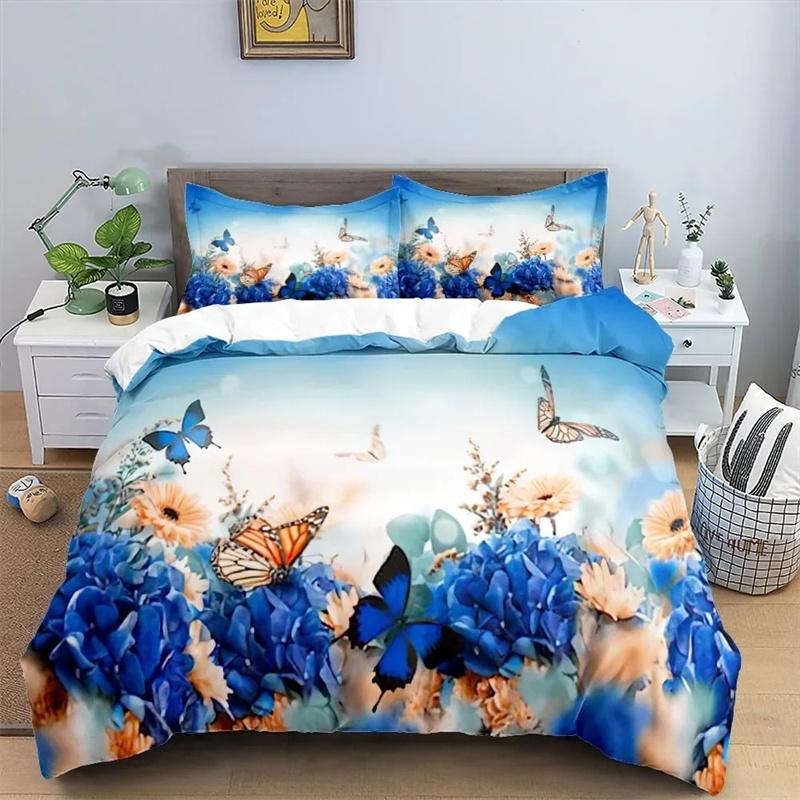 3 Pieces Watercolor Butterflies Duvet Cover Set Blue Butterfly Bed Set White Bedding Kids Girls Quilt Cover Queen Dropship
