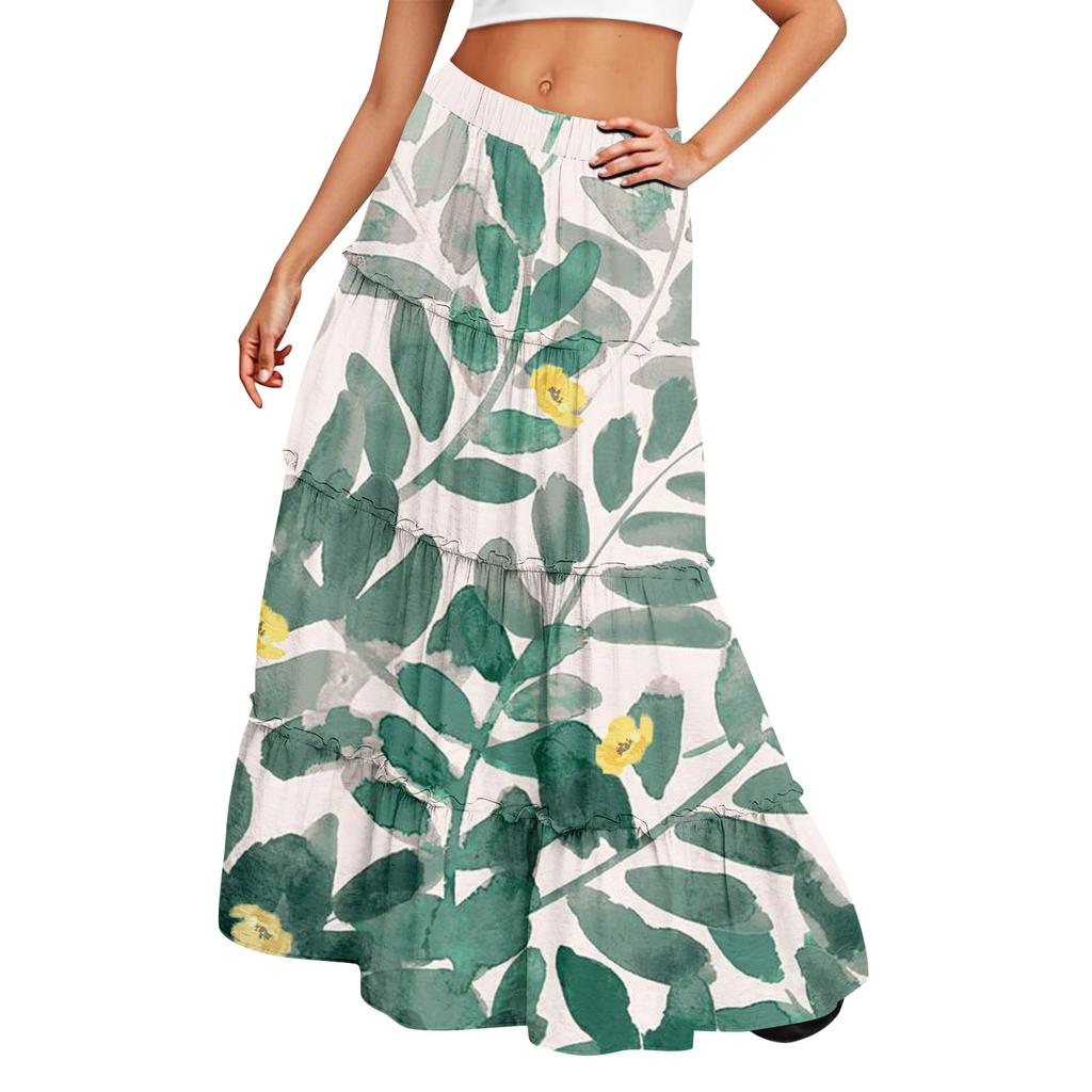 Women's Printed Elastic Waist Loose Hem Long Skirt