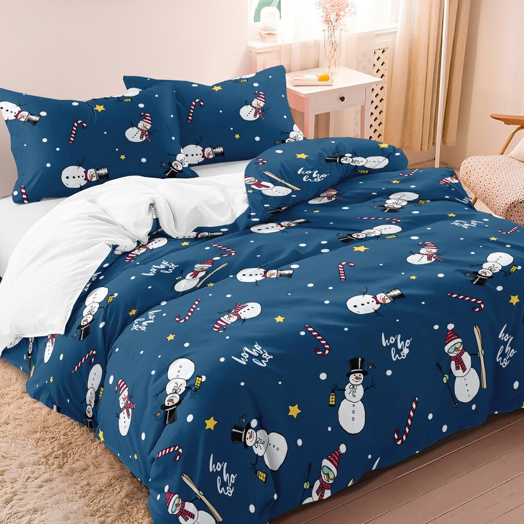 3Pcs Blue Ski Snowman Christmas Print Duvet Cover Set, Snowman Candy Cane Winter Print Bedding, Multiple Sizes Available